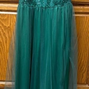 Elegant Teal Gown with Embroidered Bodice